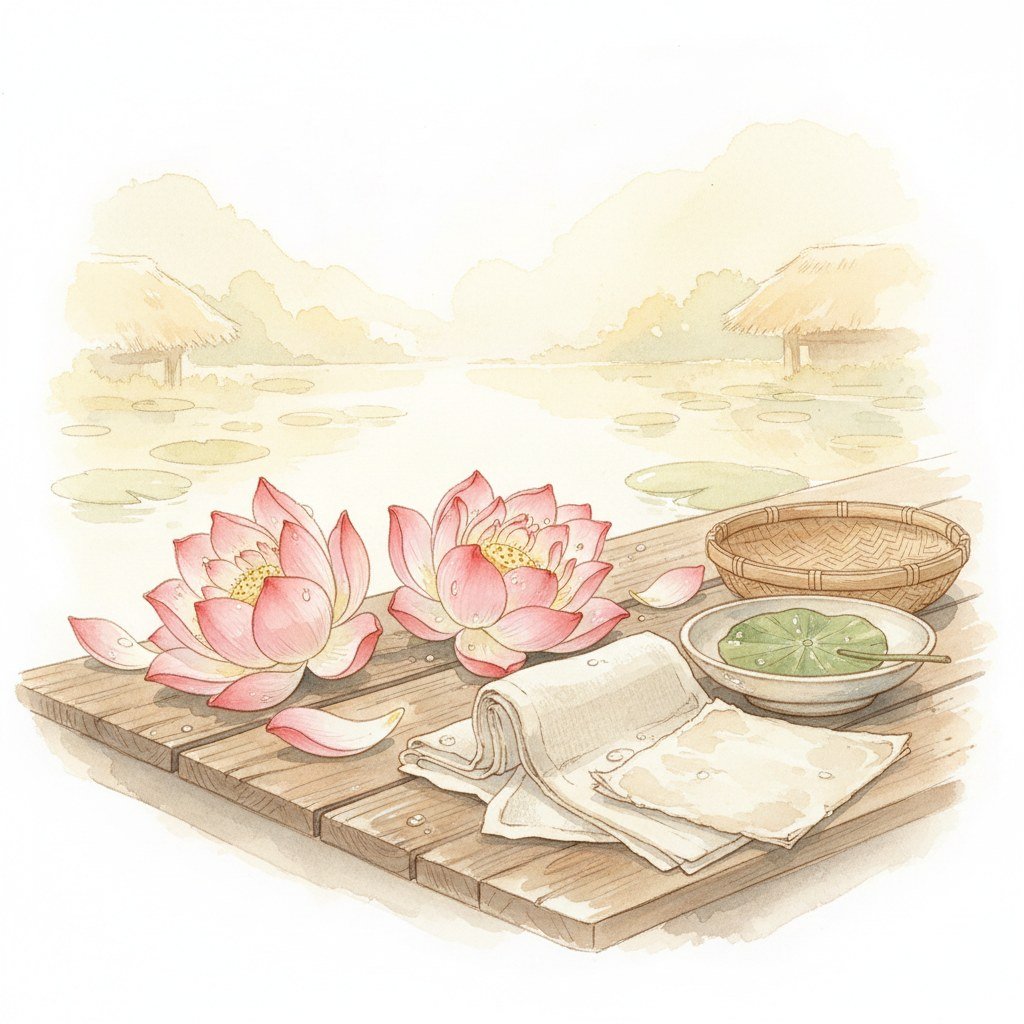 Studio Ghibli watercolor lotus — West Lake signature, NOTE workshop palette